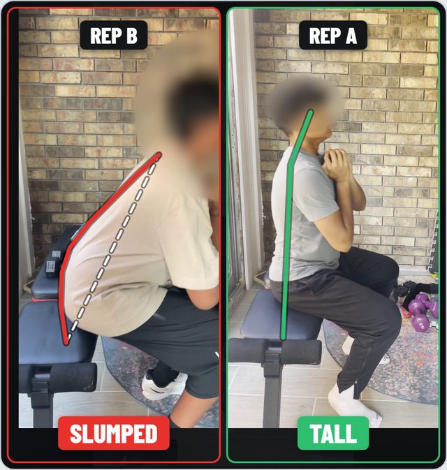 Two box squat reps side by side, one slumped and one tall